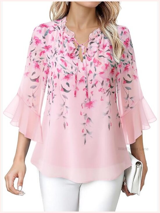 Tops - Ruffle Neck Blouse 3/4 Sleeve Chiffon Top Dressy Casual Work Tunic
